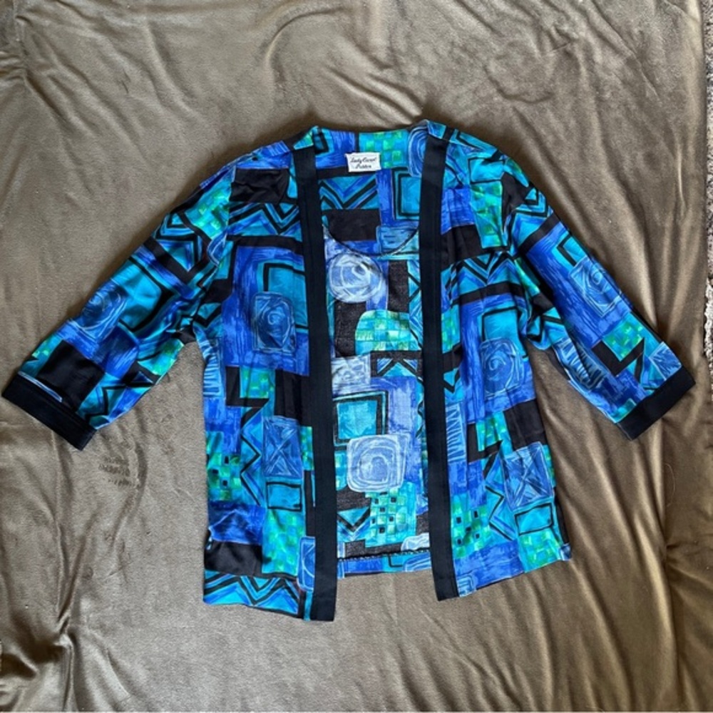 Lady Carol of New York Jacket Women’s Petite Blue Black Pattern Silky VNTG 90s